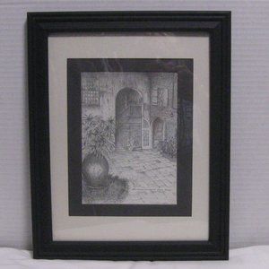 Brulatown Courtyard New Orleans Black White Pencil Drawing Matted & Framed